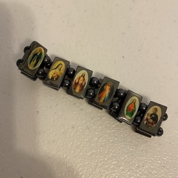 Vintage Stainless Steel Bracelet Religious Theme Gray Pictures Women Men Jewelry - Picture 2 of 4